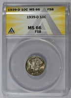 1939-D ANACS MS 66 FSB (Full Split Bands) Mercury Dime-Lot 2