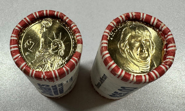 (2) - $25 BU Rolls Jefferson Presidential Dollars ($50 total face value)