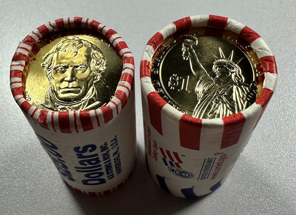 (2) - $25 BU Rolls Zachary Taylor Prez Dollars, one P mint roll.