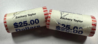 (2) - $25 BU Rolls Zachary Taylor Presidential Dollars, ($50 total face value).