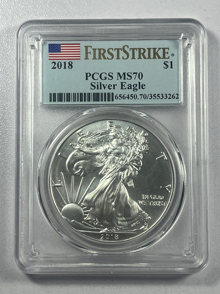 2018 (P) Silver American Eagle PCGS MS70 First Strike Flag Label