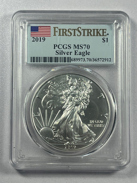 2019 (P) Silver American Eagle PCGS MS70 First Strike Flag Label