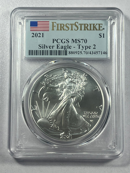 2021 (P) Silver American Eagle Type 2 PCGS MS70 First Strike Flag Label