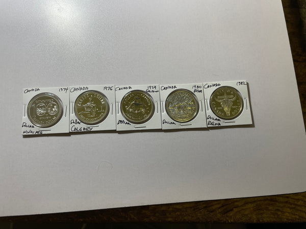 5 DIFFERENT CANADA SILVER DOLLARS 1974,1975,1979,1980,1982