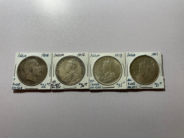 4 INDIA-1 RUPEE SILVER COINS 1908,1916,1918,1941