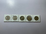 5 INDIA-1/2 RUPEE SILVER COINS 1941B,1943B,1943L,1944L,1945L