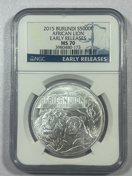 2015 NGC MS70 Burundi 5000 Francs 1 oz .999 Silver African Lion Coin