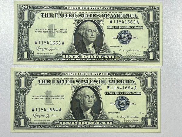 Lot of 2-1957 B Silver Certificate Banknotes with Sequential Serial Numbers