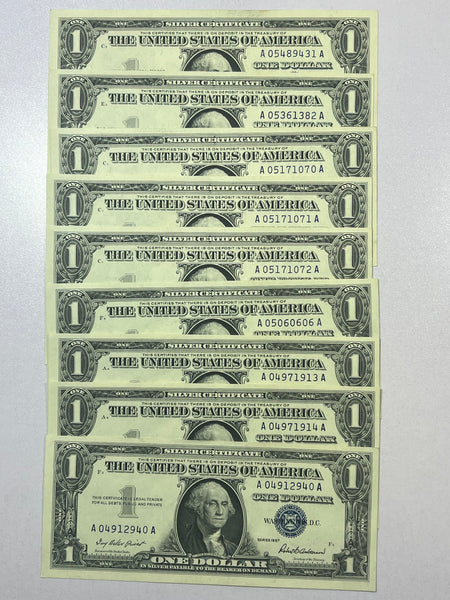 Lot of 9-1957 Silver Certificate Banknotes-Some with Sequential Serial Numbers