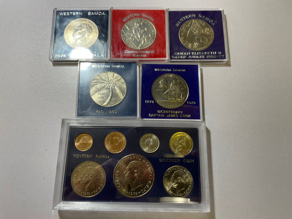 WESTERN SAMOA SPECIMEN COIN SET AND 5 SAMOA SISFO $1 COINS 1974,1977,1978,1979,1980 COPPER NICKEL COINS
