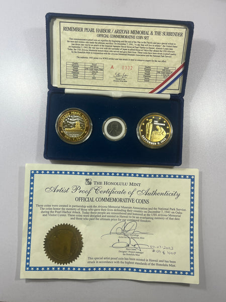 Remember Pearl Harbor, The Surrender .999 Silver Rds & Coin Set in Case w/COA