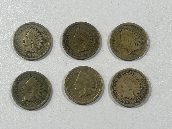 Lot of 6-All Copper-Nickel Indian Cents-1859, 1860, 1861, 1862, 1863, 1864