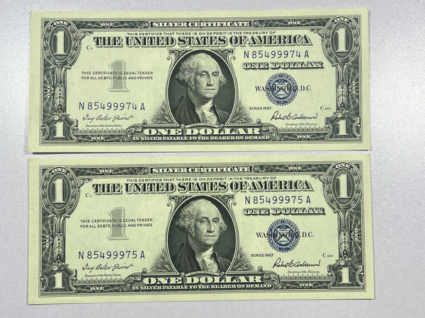 Lot of 2-1957 Silver Certificate Banknotes w/Sequential Serial Numbers-FR# 1619
