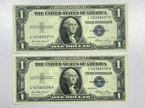 Lot of 2-1935E Silver Certificate Banknotes w/Sequential Serial Numbers-FR# 1614