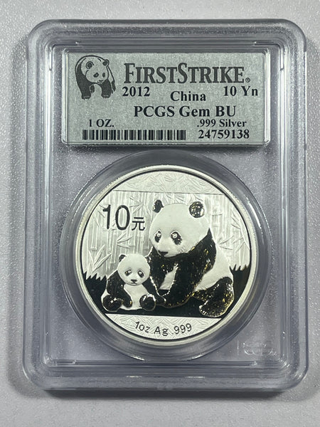 2012 PCGS Gem BU China 10 Yuan .999 Silver Panda-First Strike Label
