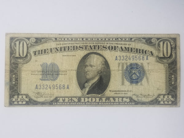 Blue Seal $10 United States Silver Certificate (1934) [VG]