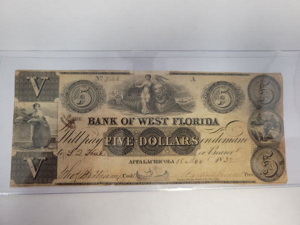 1837 Bank of West Florida Five Dollar Obsolete Note