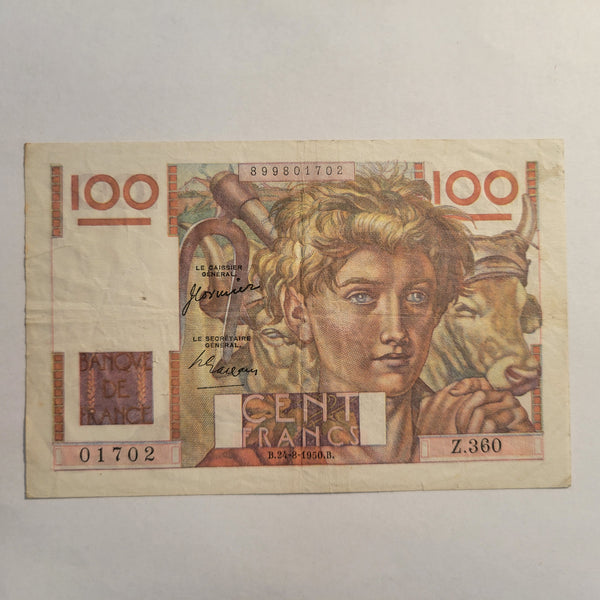 1950. B. 100 Franc Cent Francs Banque De France Note 128C VF Minor Pin Hole