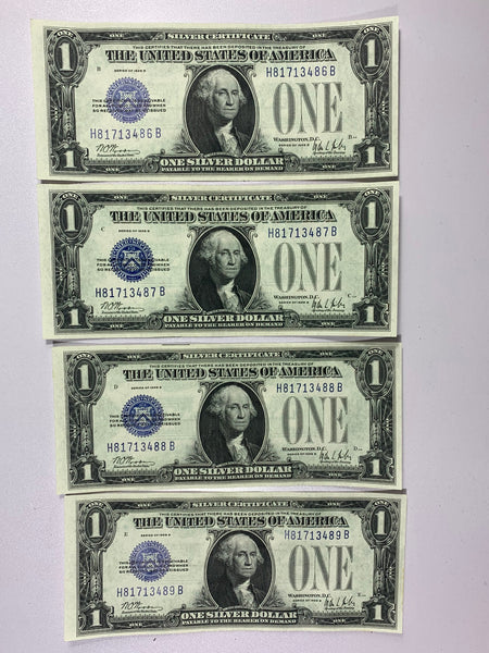 Lot of 4-1928B Series $1 Dollar Blue Seal Silver Certificates Sequential Serial Numbers