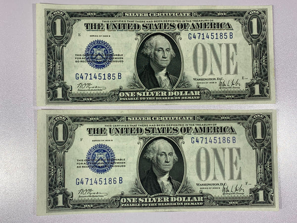 Lot of 2-1928B Series FR1602 $1 Dollar Blue Unc Seal Silver Certificates Seq SN*