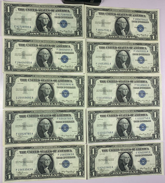 Lot of 10-1935 Series $1 Dollar Blue Unc Seal Silver Certificates - FR1607*