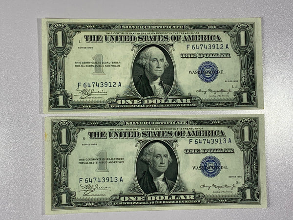 Lot of 2-1935 Series FR1607 $1 Dollar Blue Unc Seal Silver Certificates Seq SN*