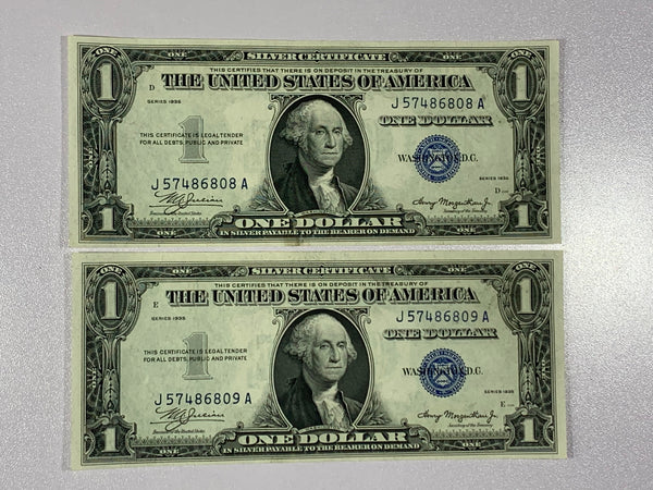 Lot of 2-1935 Series FR1607 $1 Dollar Blue Unc Seal Silver Certificates Seq SN*