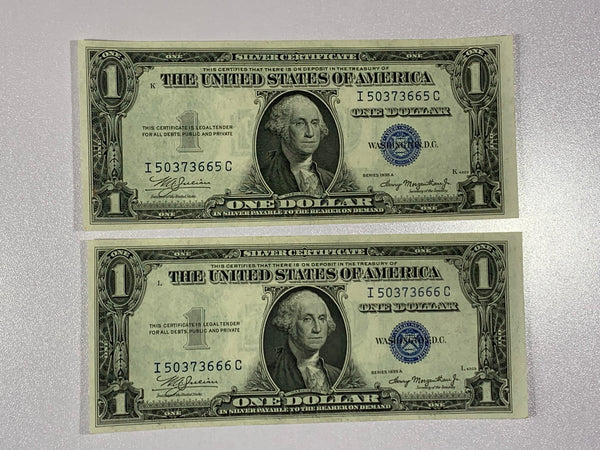 Lot of 2-1935A Series FR1608 $1 Dollar Blue Unc Seal Silver Certificates Seq SN*