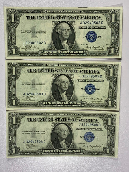 Lot of 3-1935A Series $1 Dollar Blue Unc Seal Silver Certificates Seq SN-FR1608*