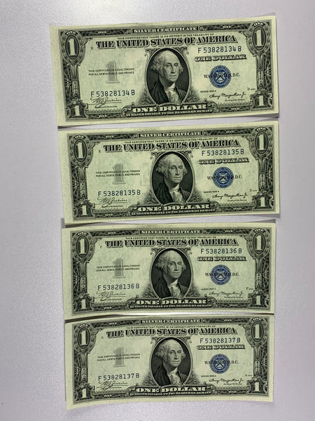 Lot of 4-1935A Series $1 Dollar Blue Unc Seal Silver Certificates Seq SN-FR1608*