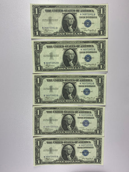 Lot of 5-1935A Series $1 Dollar Blue Unc Seal Silver Certificates Seq SN-FR1608*
