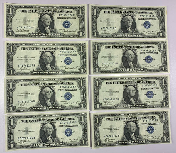 Lot of 8-1935A Series $1 Dollar Blue Unc Seal Silver Certificates Seq SN-FR1608*