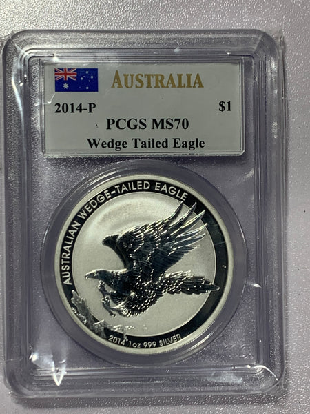 2014-P PCGS MS70 Australia $1 Dollar Wedge Tailed Eagle-John Mercanti Label*