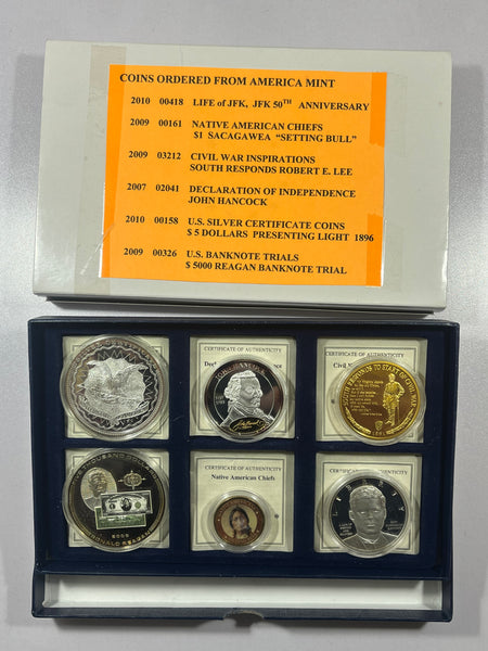 Set of 6-JFK, Setting Bull, Robert E Lee, John Hancock, Reagan Banknote Coins
