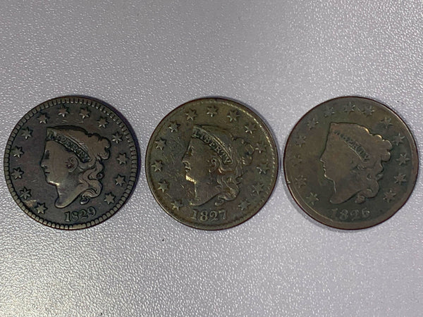 Lot of 3 Large Cents - 1825, 1827, and 1829 Matron Head Large Cents *
