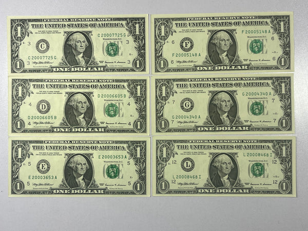 Lot of 6 $1 Millennium Unc Federal Reserve Notes from all Federal Reserve Banks