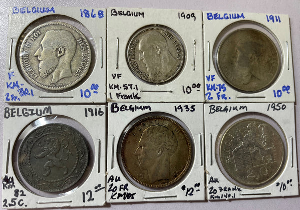 ONE LOT OF 6 BELGIUM COINS