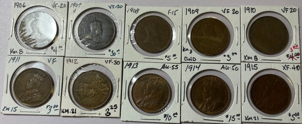 Date run set Canadian large cents 1906-1915