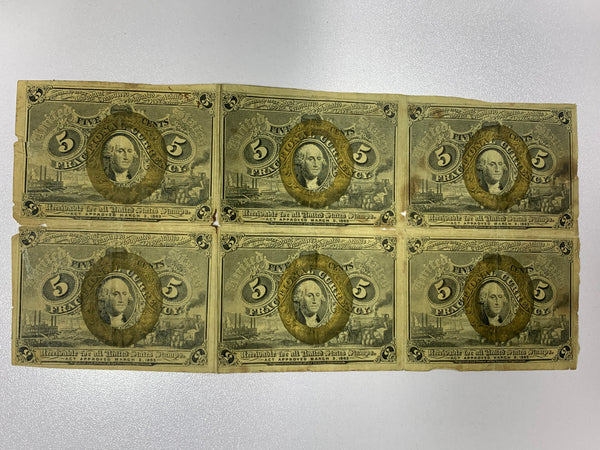Uncut Sheet of 6 1863 Fractional Currency 5 Cents 2nd Issue Washington FR# 1233 *
