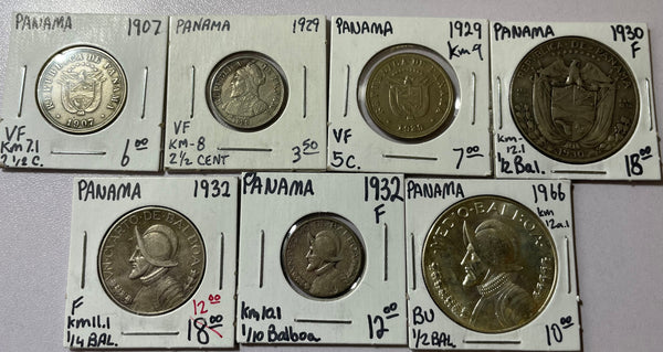 PANAMA LOT OF 7 MISCELLANEOUS COINS 1907 TO 1966