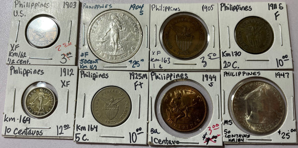 PHILIPPINES MISCELLANEOUS 8 COIN LOT 1903 TO 1947