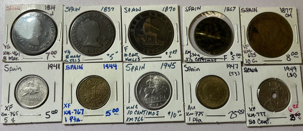 SPAIN MISCELLANEOUS 10 COIN LOT 1814 TO 1949