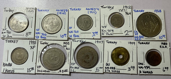 TURKEY MISCELLANEOUS 10 COIN LOT 1910 TO 1980