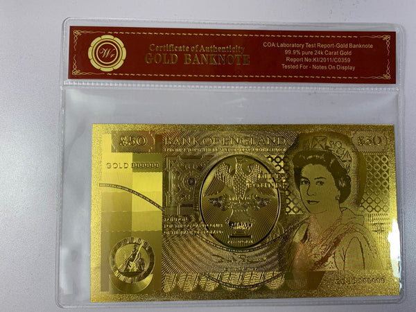 Bank of England Fifty Pound 24K Golden Foil Souvenir Banknote