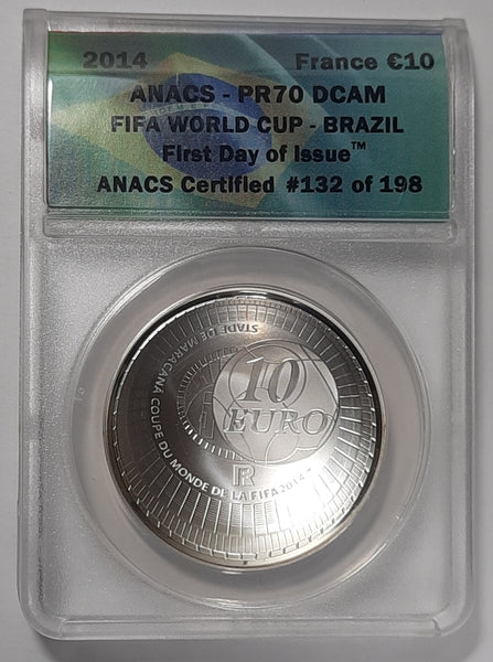 2014 FIFA WORLD CUP BRAZIL COIN - ANACS PR70 DCAM 10 Euro - First Release