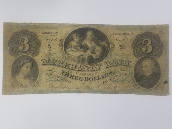 Merchant's Bank, Trenton, New Jersey Three Dollar Obsolete Banknote